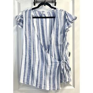 Old Navy Linen Blend Wrap Blouse Size XXL 2XL Nautical Striped Flutter Sleeves